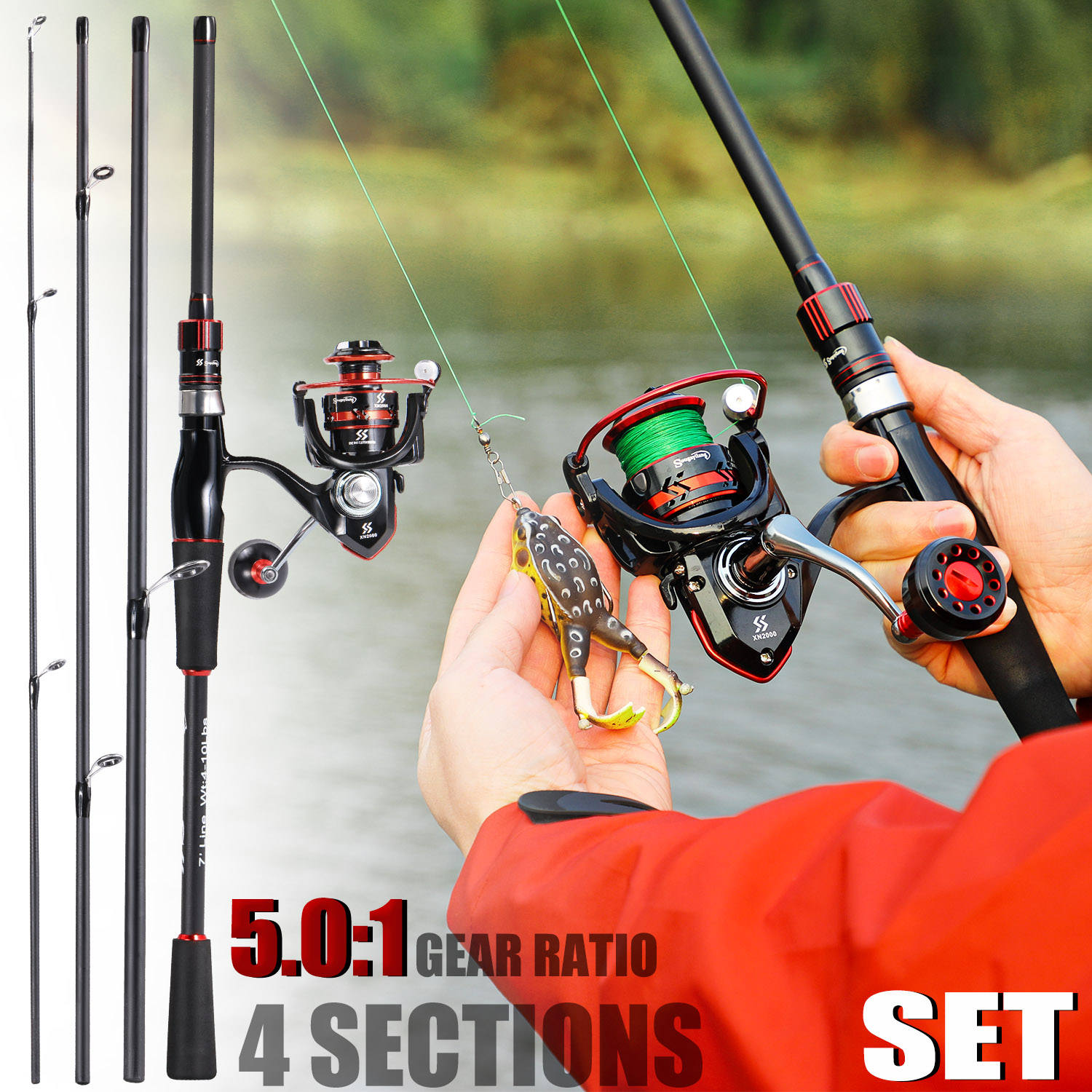 Fishing Equipment Europe - SOUGAYILANG-スピニングフィッシングセット,カーボンファイバーロッド,コンボ,4セクション,2000-4000, 5.0:1, 1.8-2.1m